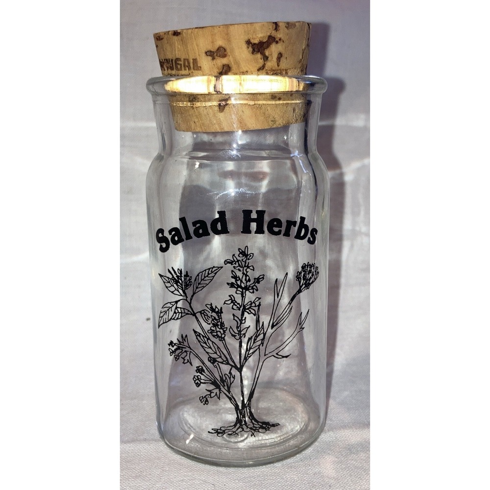 Spice Jar Wheaton Glass 70's Botanical Art Clear Glass with Cork - Salad Herbs
